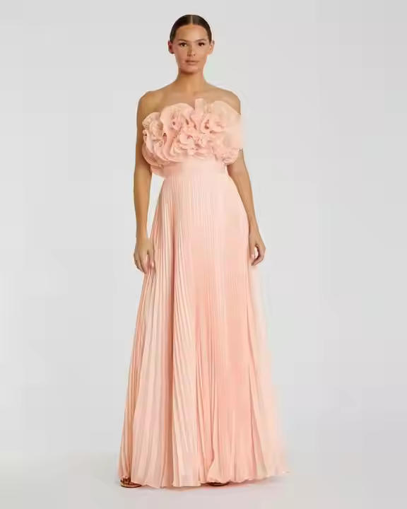 Simple Fashion Strapless Maxi Dress Embellished Pearls Embroidered A-Line Silhouette Natural Waist Front Nonwoven Modest Solid