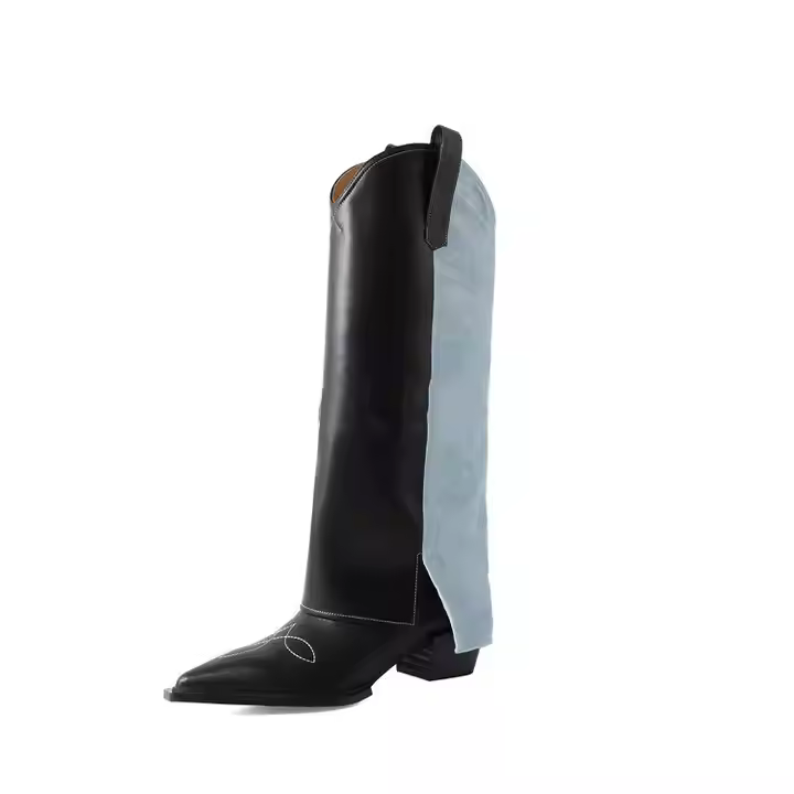 Custom Women's Knee-High Genuine Leather Boots Wide Shaft Point Toe Design Chunky Stylish Demin Cowgirl Suede Winter